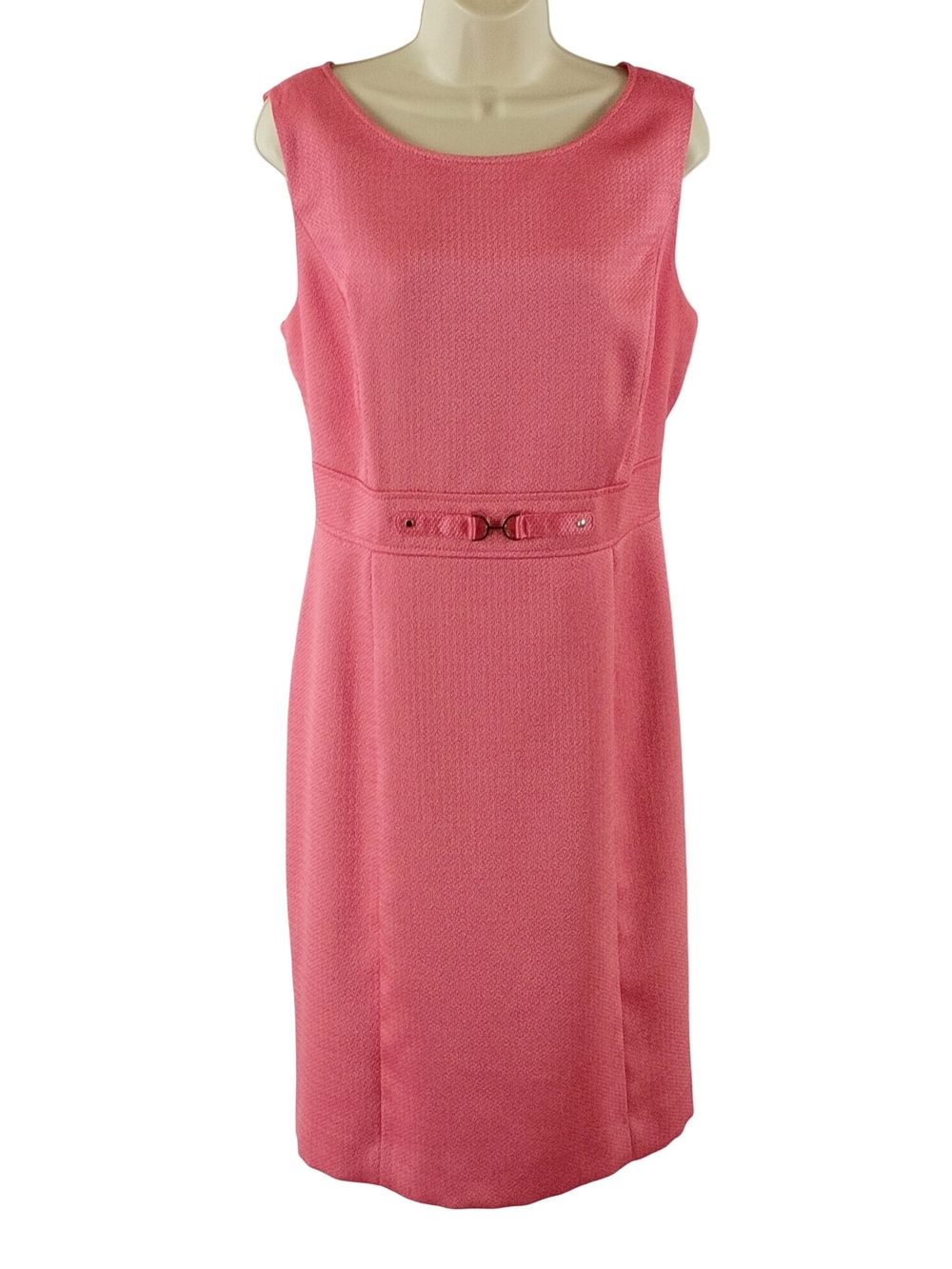 Sleeveless Coral-Pink Midi Sheath Dress with Waist Detail